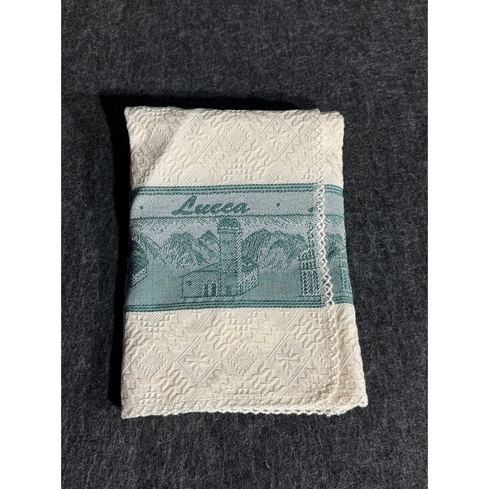 Artigianato Toscano Lucca Italy Woven Tea Towel Green Cream Lace Trim Souvenir